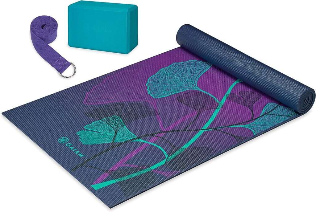 Gaiam Beginners Yoga Starter Kit Set (Yoga Mat, Yoga Block, Yoga Strap) - Light 4mm Thick Printed Non-Slip Exercise Mat for Everyday Yoga - Includes 6ft Yoga Strap  Yoga Brick